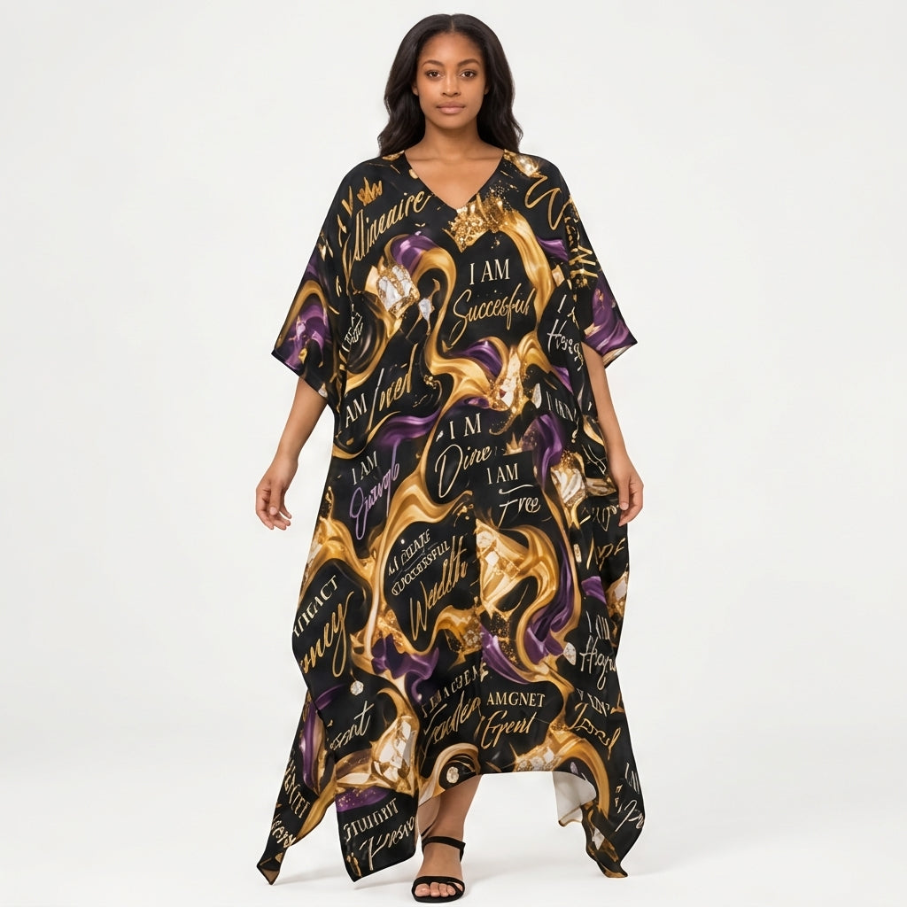 All-Over Print Women's Imitation Silk V-neck Kaftan Robe
