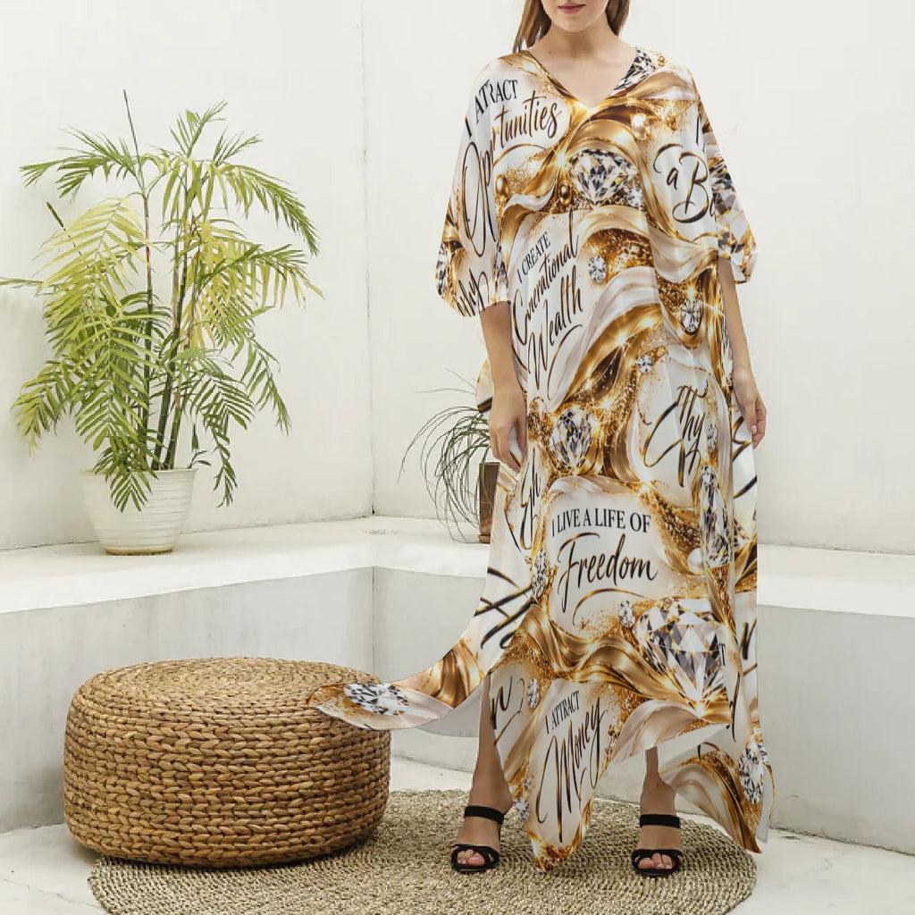 All-Over Print Women's Imitation Silk V-neck Kaftan Robe