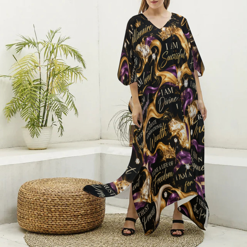 All-Over Print Women's Imitation Silk V-neck Kaftan Robe