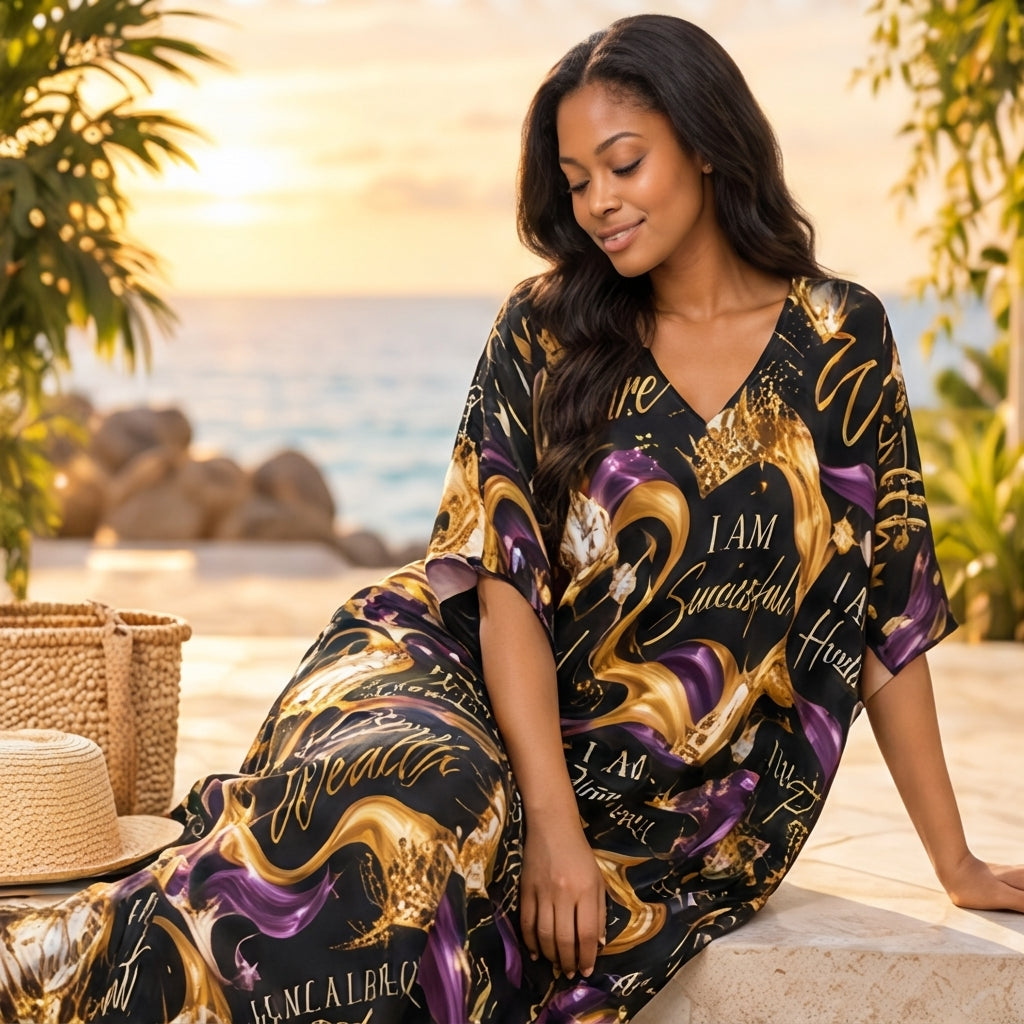 All-Over Print Women's Imitation Silk V-neck Kaftan Robe