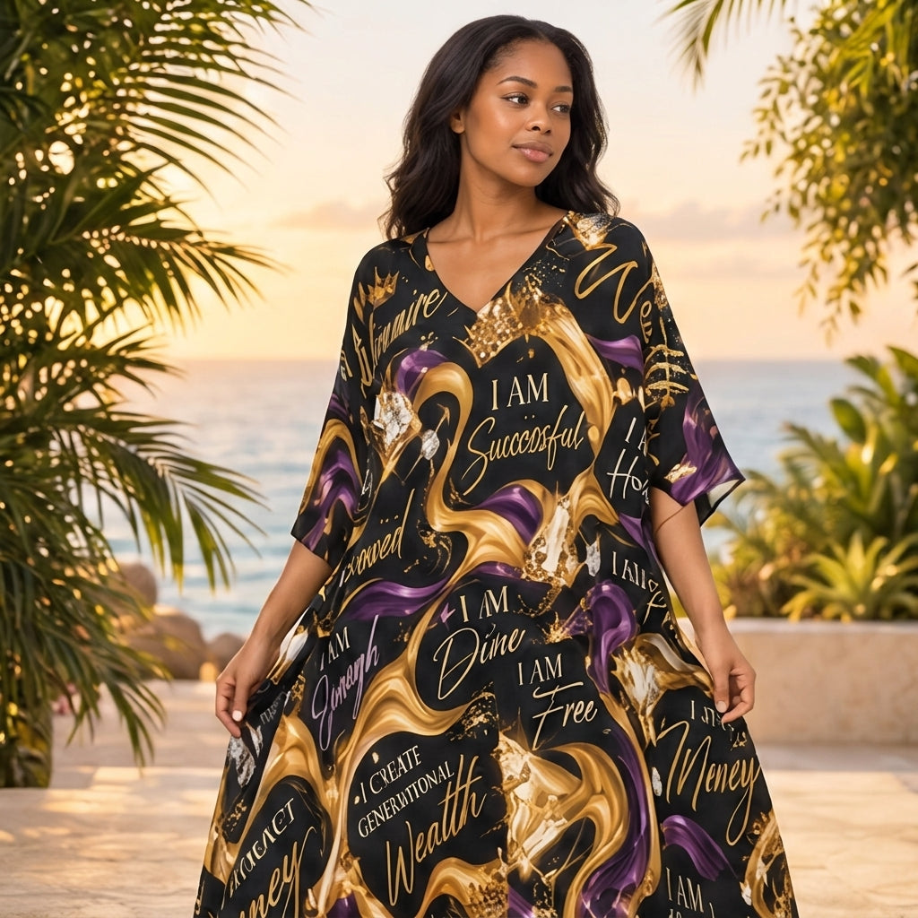 All-Over Print Women's Imitation Silk V-neck Kaftan Robe